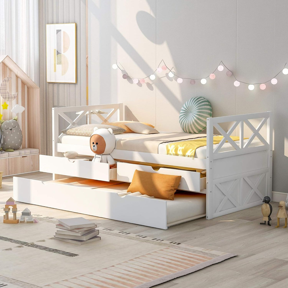 White Wood Twin Captain's Daybed with Trundle and 2 Storage Drawers Q665582
