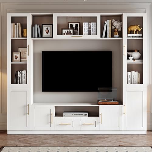 White 4-Piece Large TV Stand Wall Unit with Bookshelves O272