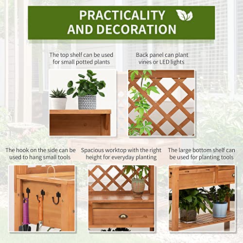 Outsunny Garden Potting Bench, Outdoor Wooden Workstation Table with Metal Screen, Drawer, Hooks, Storage Shelf, and Lattice Back U5490
