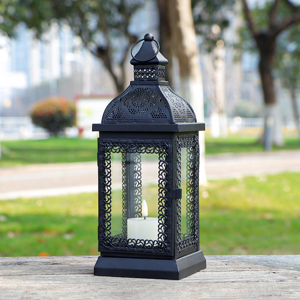 Black Metal Candle Lantern 13'' High with Tempered Glass R1949