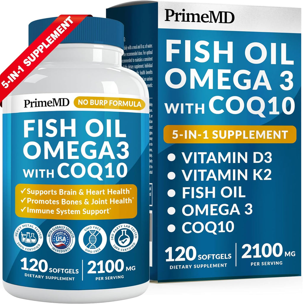 2100mg Omega 3 Fish Oil Supplements with Vitamins D3 & K2 and CoQ10 (120ct) M8836