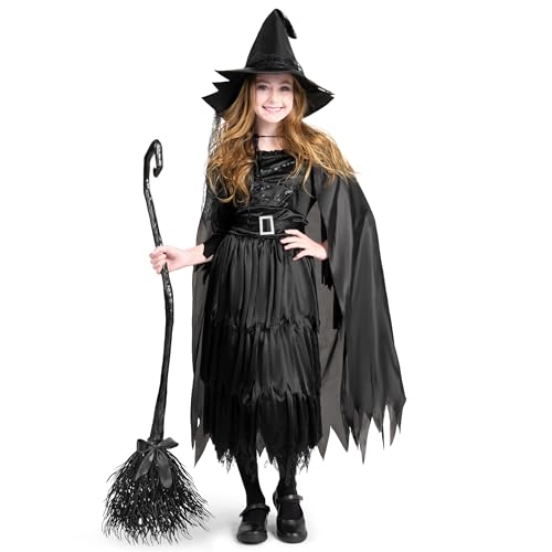 Classic Kids Witch Costume Black Witch Dress with Broom and Hat XL U8121