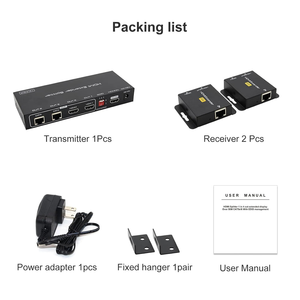 HDMI Extender Splitter 1 in 2 Out Over Cat5e/6/7 with Two Loop-Out Local Display Repeater Support 1080p EDID POC P4827