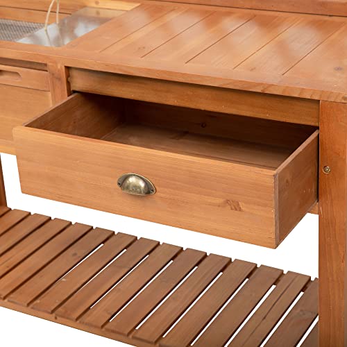 Outsunny Garden Potting Bench, Outdoor Wooden Workstation Table with Metal Screen, Drawer, Hooks, Storage Shelf, and Lattice Back U5490