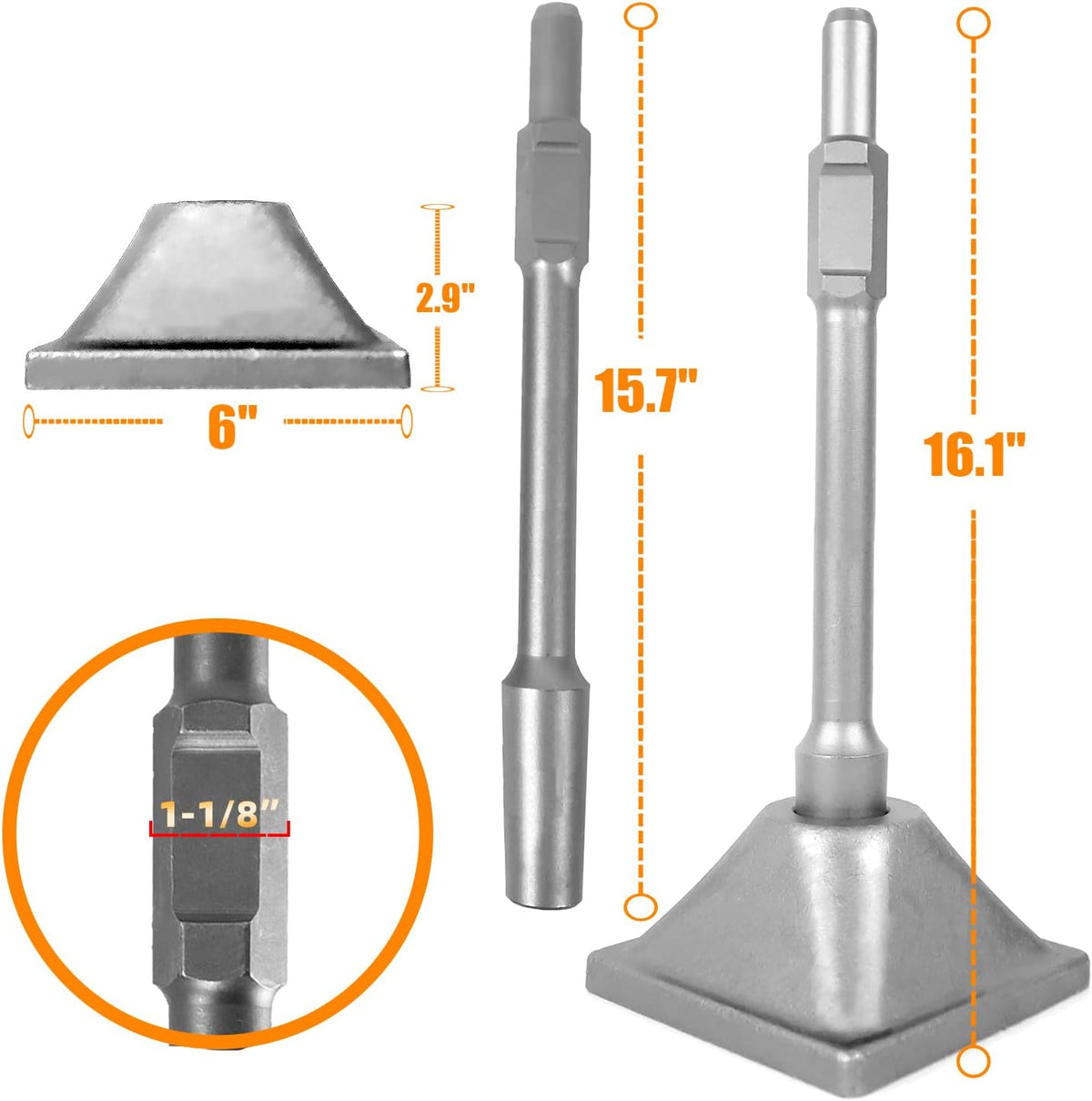 1-1/8" Tamper Shank with 6x6" Plate for Jack Hammer Bit Z9336