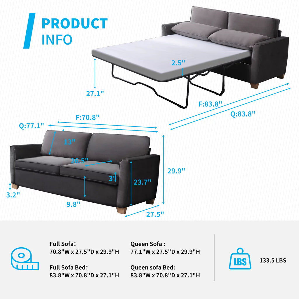Queen Dark Grey Pull Out Sofa Bed with Memory Foam Mattress L5111