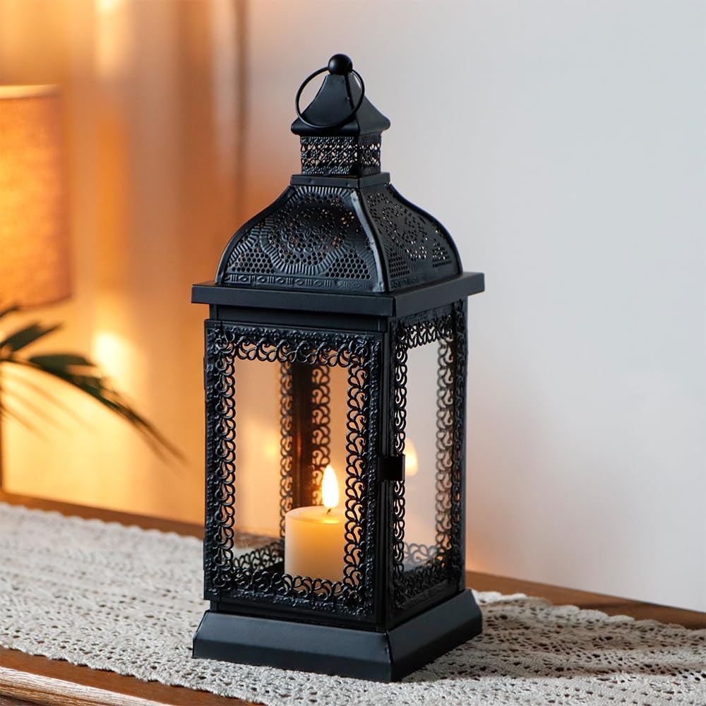 Black Metal Candle Lantern 13'' High with Tempered Glass R1949