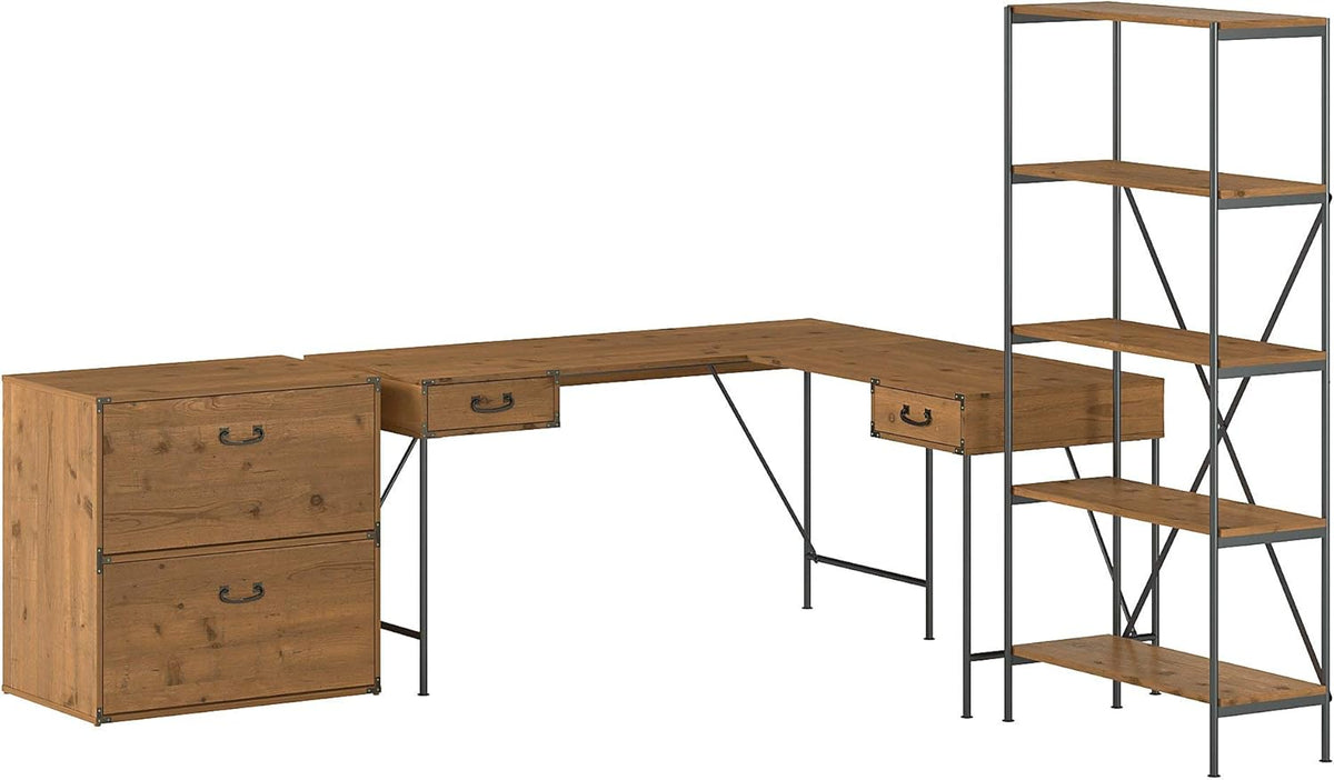 Vintage Golden Pine Writing Desk with File Cabinet and Bookcase U60654