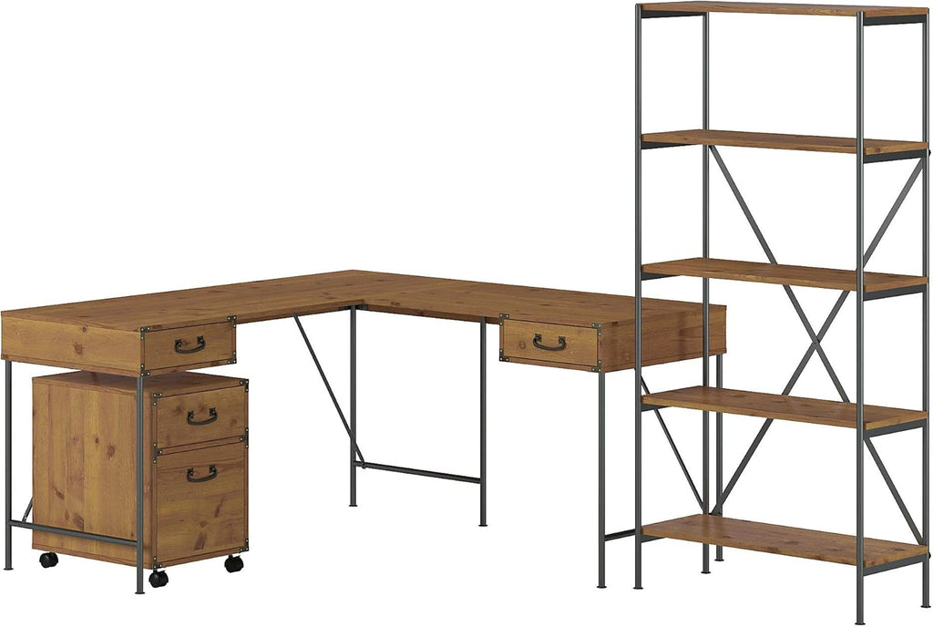 Vintage Golden Pine Writing Desk with File Cabinet and Bookcase U60654