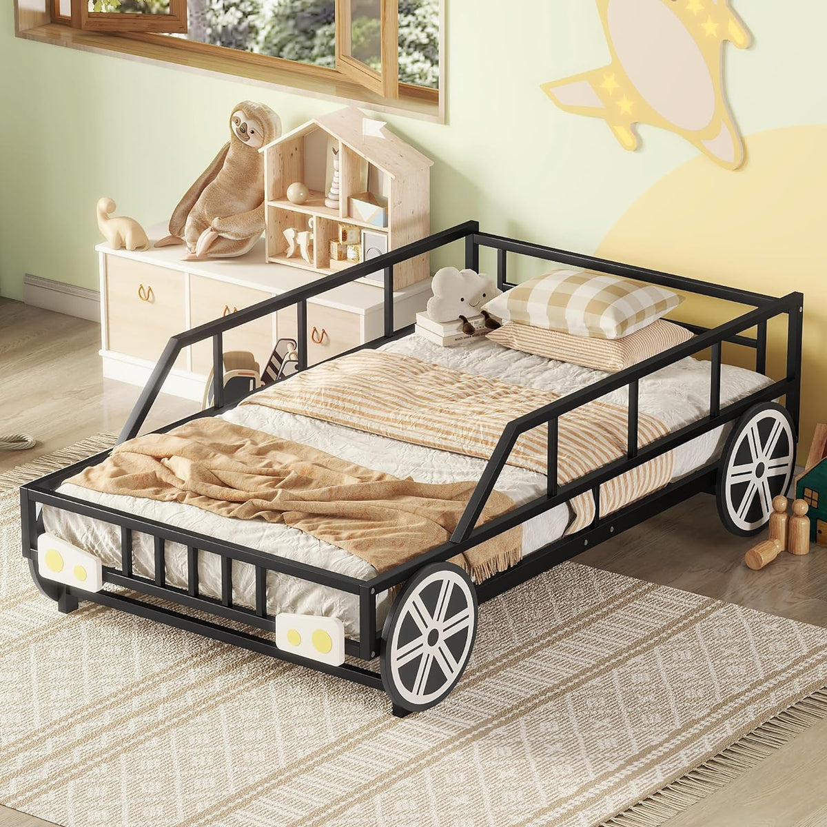Black Race Car Bed with Rails and Wheels D553