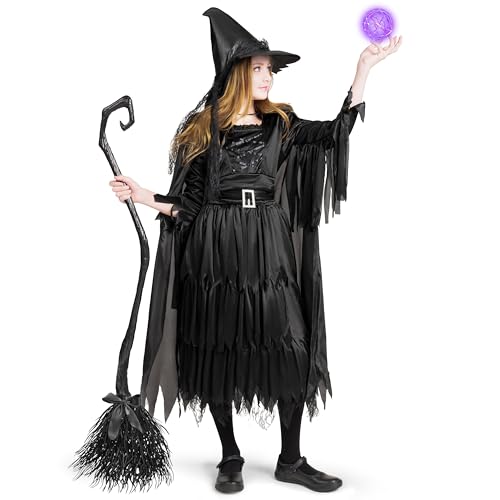 Classic Kids Witch Costume Black Witch Dress with Broom and Hat XL U8121