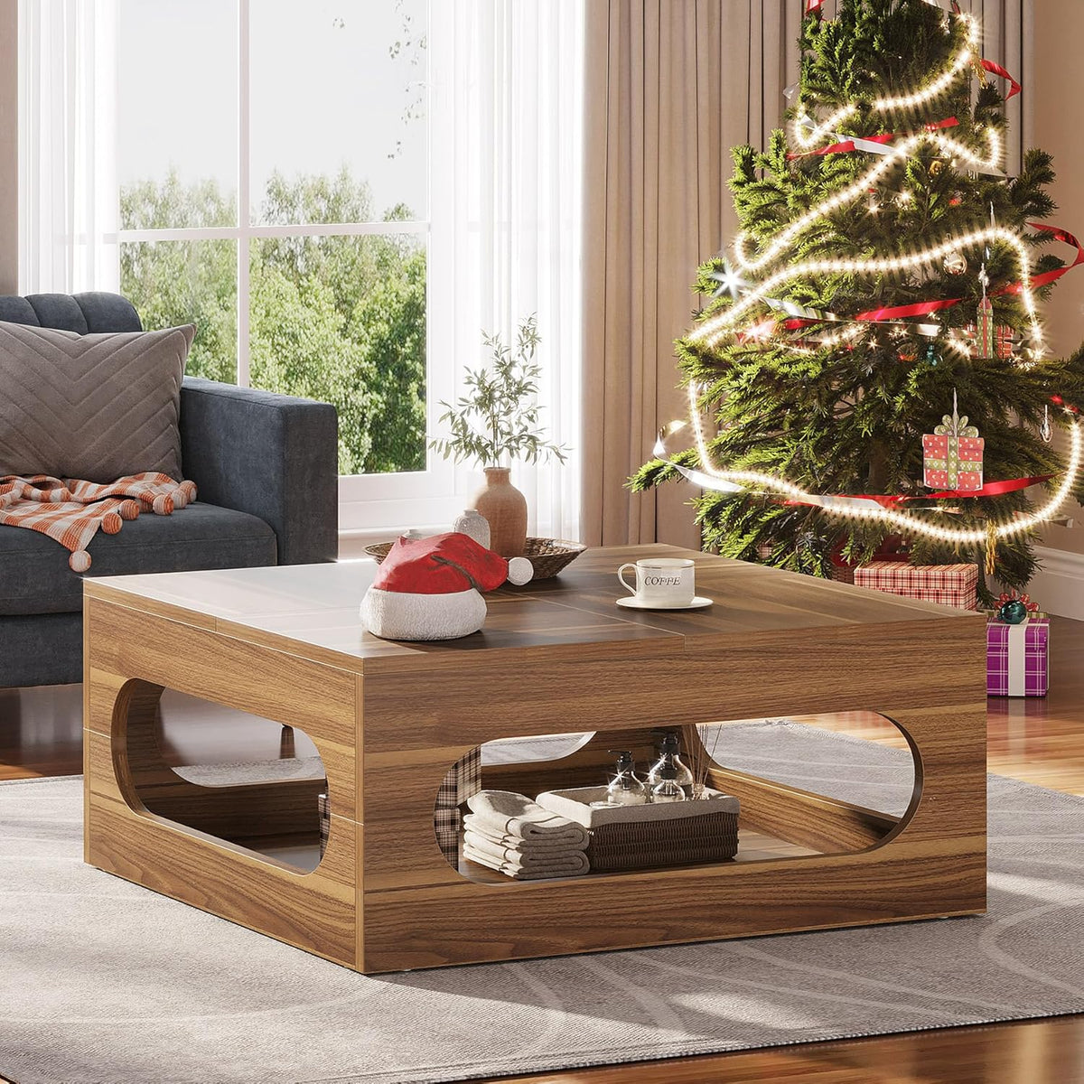 Brown Wood Coffee Table with Storage and LED Light Z991
