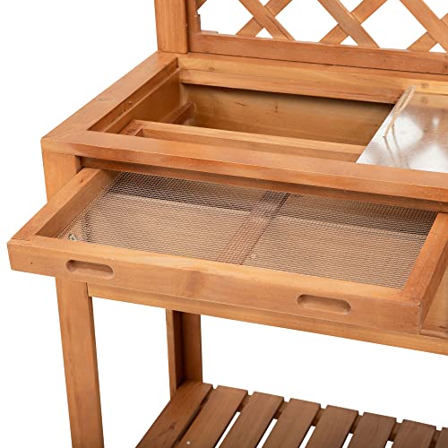 Outsunny Garden Potting Bench, Outdoor Wooden Workstation Table with Metal Screen, Drawer, Hooks, Storage Shelf, and Lattice Back U5490