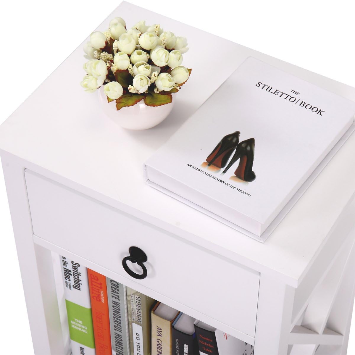 White 2 X-Design Nightstand with Drawer and Shelf E4499