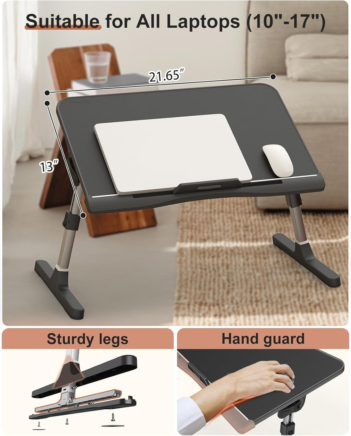 Leather Bed Desk with Removable Stopper, Foldable & Adjustable Lap Desk, Grey and Black N85089