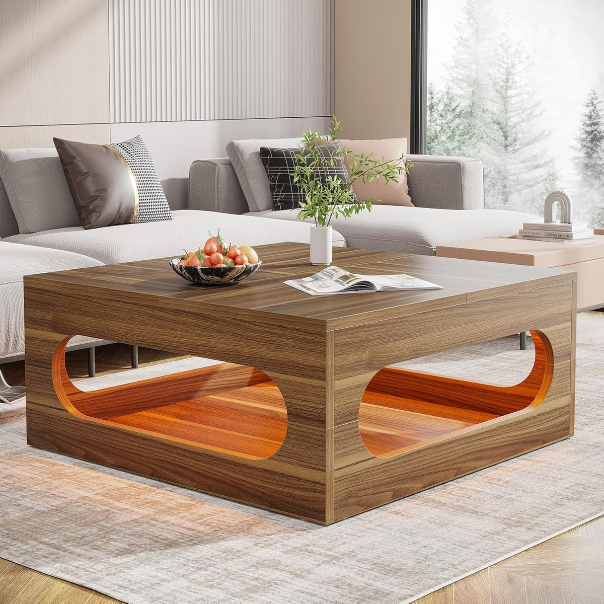 Brown Wood Coffee Table with Storage and LED Light Z991