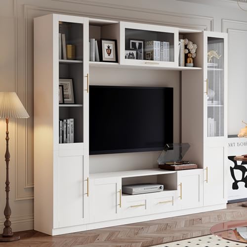 White 4-Piece Large TV Stand Wall Unit with Bookshelves O272