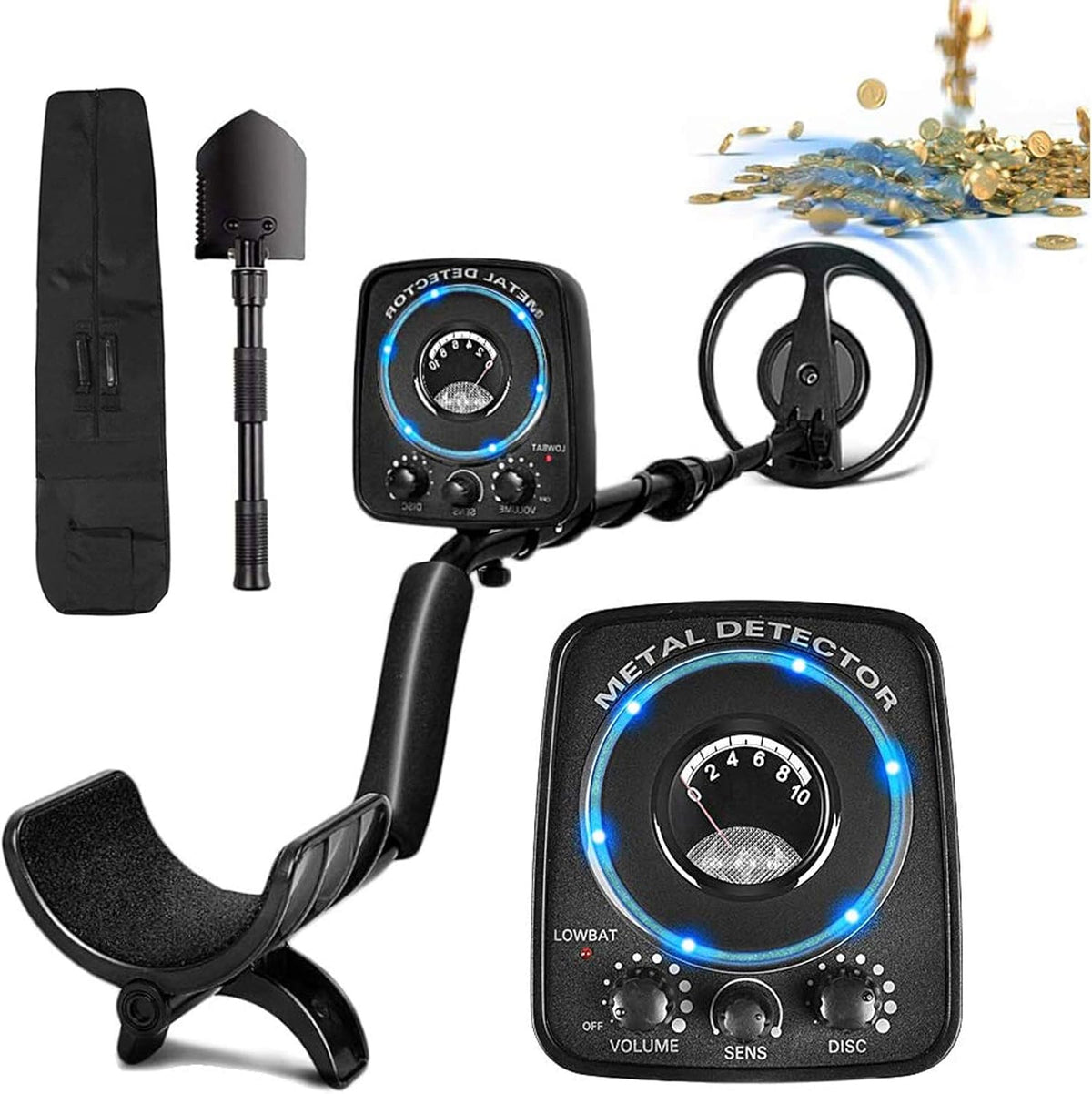 Metal Detector with LED Flash Indicators, Adjustable Waterproof, Folding Shovel & Carrying Bag R564764