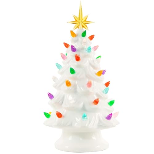 13 Inch Ceramic Christmas Tree with Multicolored LED Lights, Green C98826