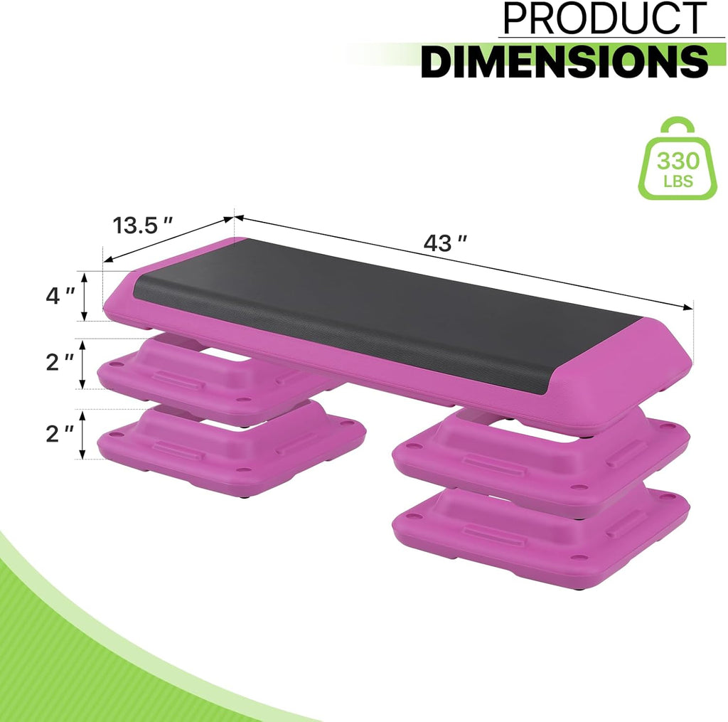 43-Inch Exercise Stepper Platform with Risers, Adjust Height 4 inch - 6 inch - 8 inch, Pink R731900