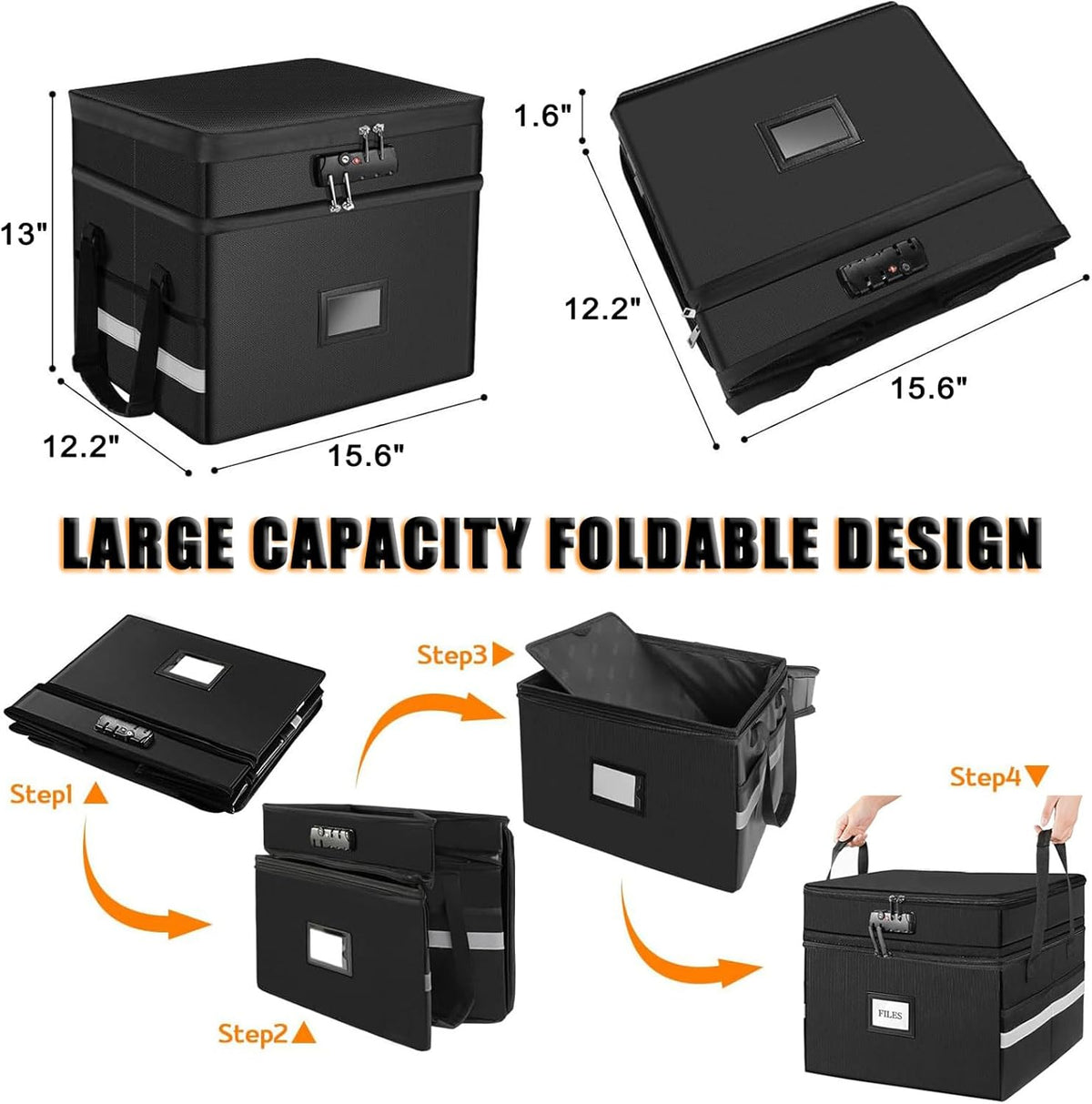 2 Layer Fireproof Document Box with Lock, Black V76968