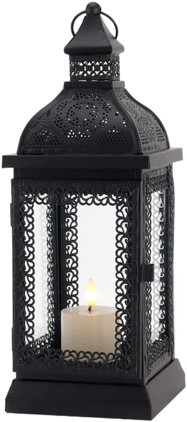 Black Metal Candle Lantern 13'' High with Tempered Glass R1949