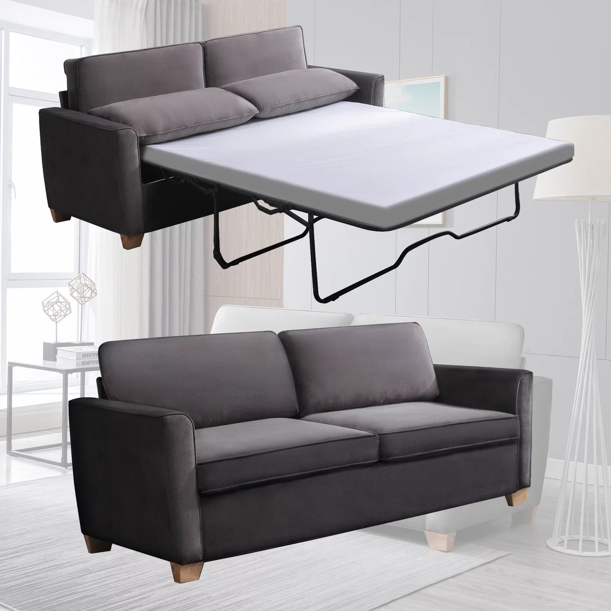 Queen Dark Grey Pull Out Sofa Bed with Memory Foam Mattress L5111