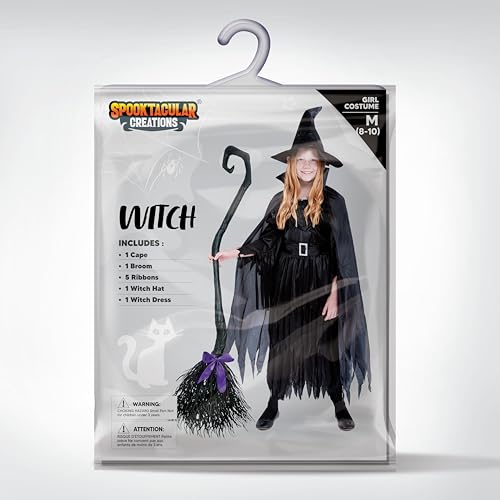 Classic Kids Witch Costume Black Witch Dress with Broom and Hat XL U8121