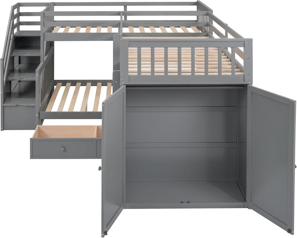 Gray Wooden Triple Bunk Bed with Desk, Storage Drawers, Stairs and Wardrobe N772