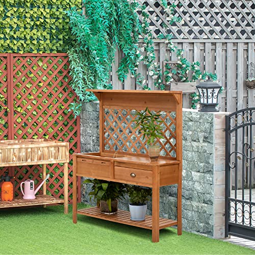 Outsunny Garden Potting Bench, Outdoor Wooden Workstation Table with Metal Screen, Drawer, Hooks, Storage Shelf, and Lattice Back U5490