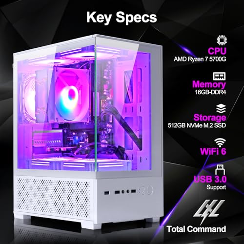 White Desktop PC AMD Ryzen 7-5700G 8 core 3.9GHz 16G DDR4 RAM 512GB NVME SSD Tower Computer with Power Supply 400W H756