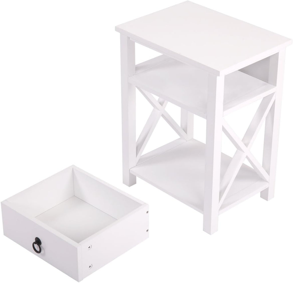 White 2 X-Design Nightstand with Drawer and Shelf E4499