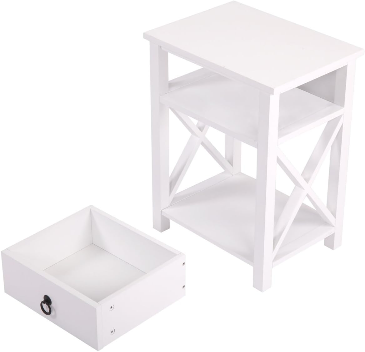 White 2 X-Design Nightstand with Drawer and Shelf E4499