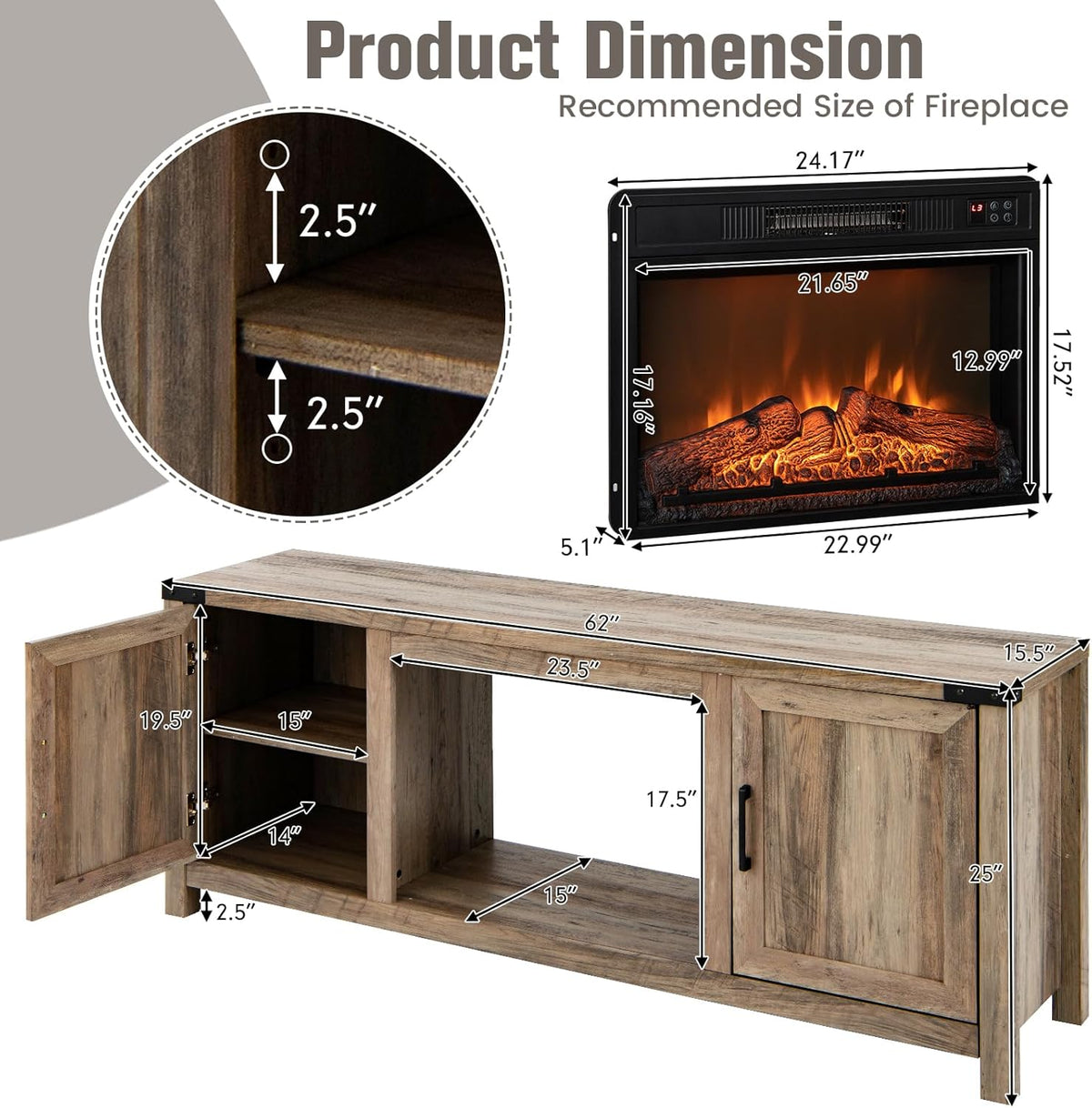 Electric Fireplace TV Stand with Storage Cabinets T9556