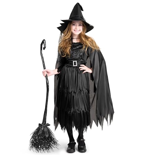 Classic Kids Witch Costume Black Witch Dress with Broom and Hat XL U8121
