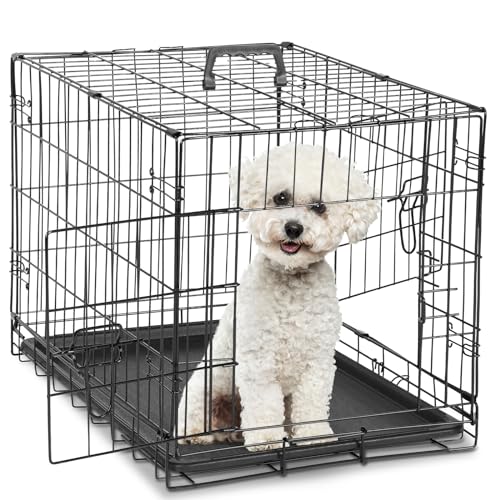 Large 36 Inch Double Door Folding Metal Wire Dog Crate with Divider Panel and Plastic Leak-Proof Pan Tray T8697