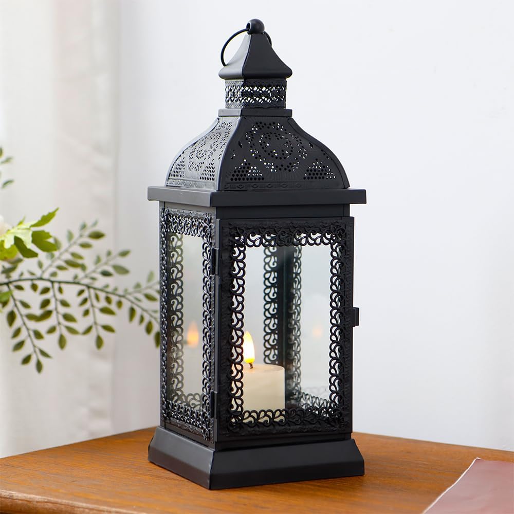 Black Metal Candle Lantern 13'' High with Tempered Glass R1949