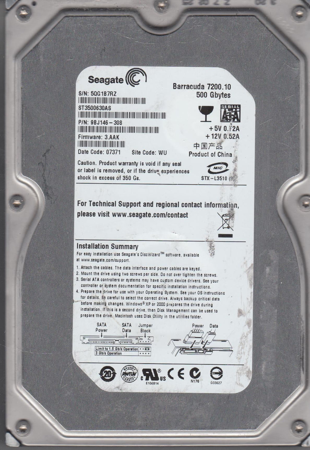500GB SATA 3.5 Hard Drive V52880