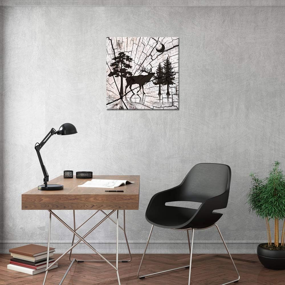 Deer in Forest Canvas Print Black Silhouette Vintage Wood Style Stretched and Framed B2339