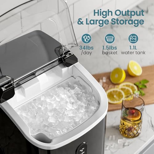 Countertop Ice Maker with Soft Chewable Pellet Ice, 34lbs/24Hrs, Portable Ice Machine with Ice Scoop, Black U9863
