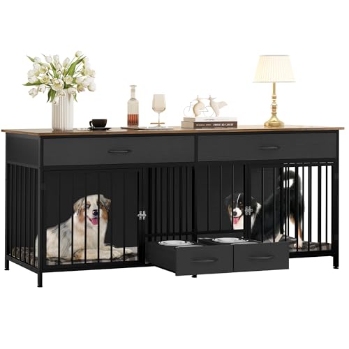 Brown Wooden Double Dog Crate TV Stand with Storage R580955