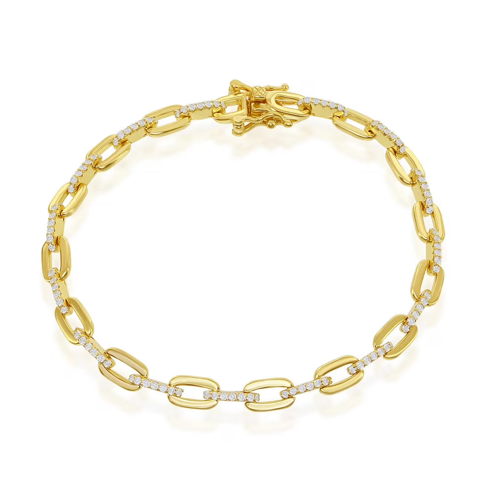 Paperclip Bracelet 14k Gold over Silver with Simulated CZ Diamonds, 7’’ Italian Bracelet E9619