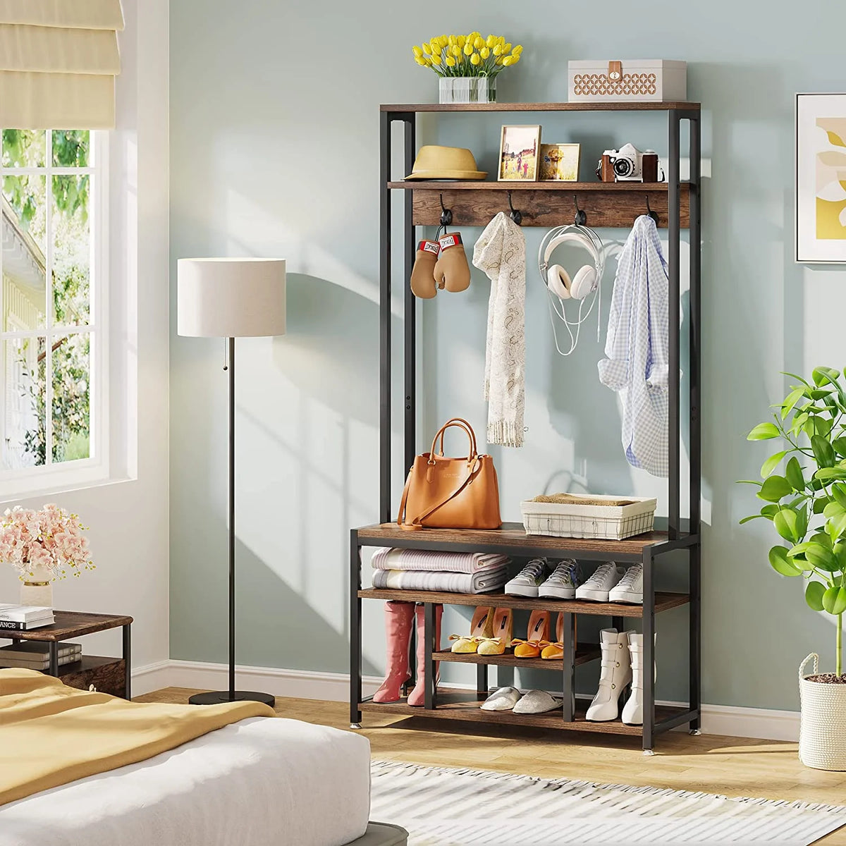 Industrial Coat Rack with Bench and Shoe Rack Q22209
