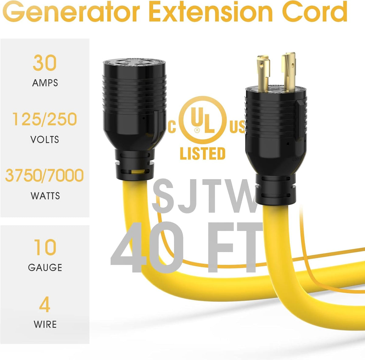 30A 125/250V 7500W Generator Power Extension Cord Nema L14-30P to L14-30R UL Listed 40 Feet Pack of 2 S127