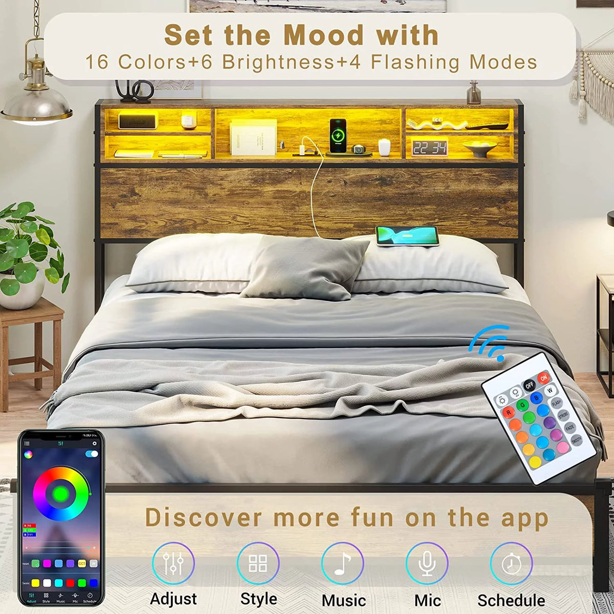 Full Size Metal Platform Bed with Storage Headboard and USB Ports D8871