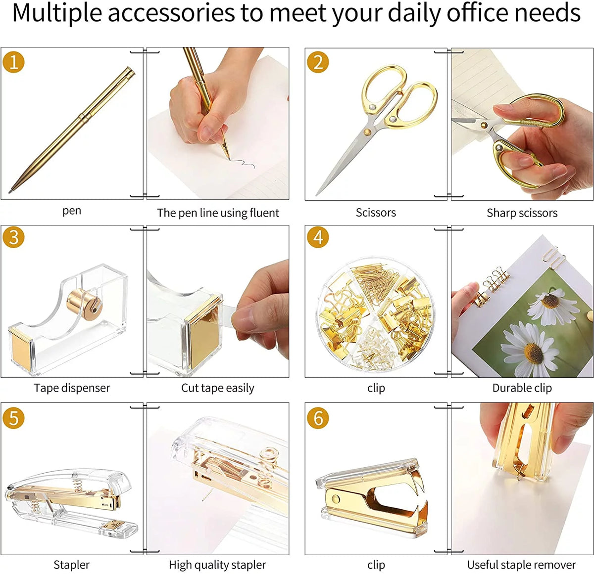 Acrylic Office Supplies Set with Stapler Tape Dispenser Binder Clips Paper Clips Pen Scissors and 1000 Staples H968811