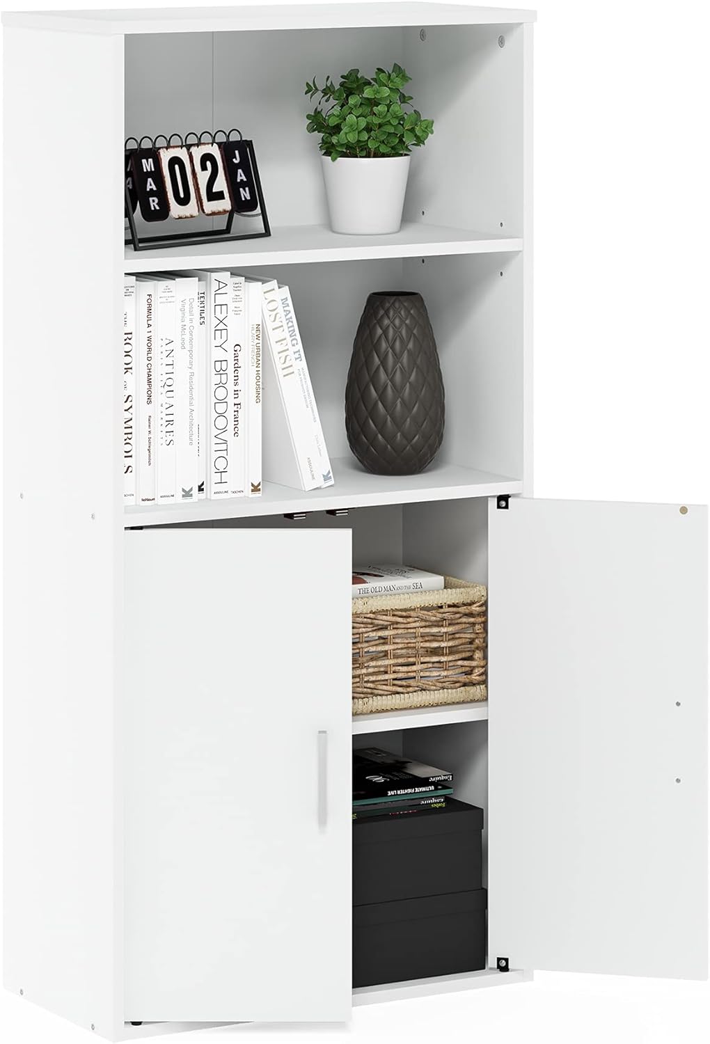 White Storage Cabinet with 2 Open Shelves and 2 Doors B258325