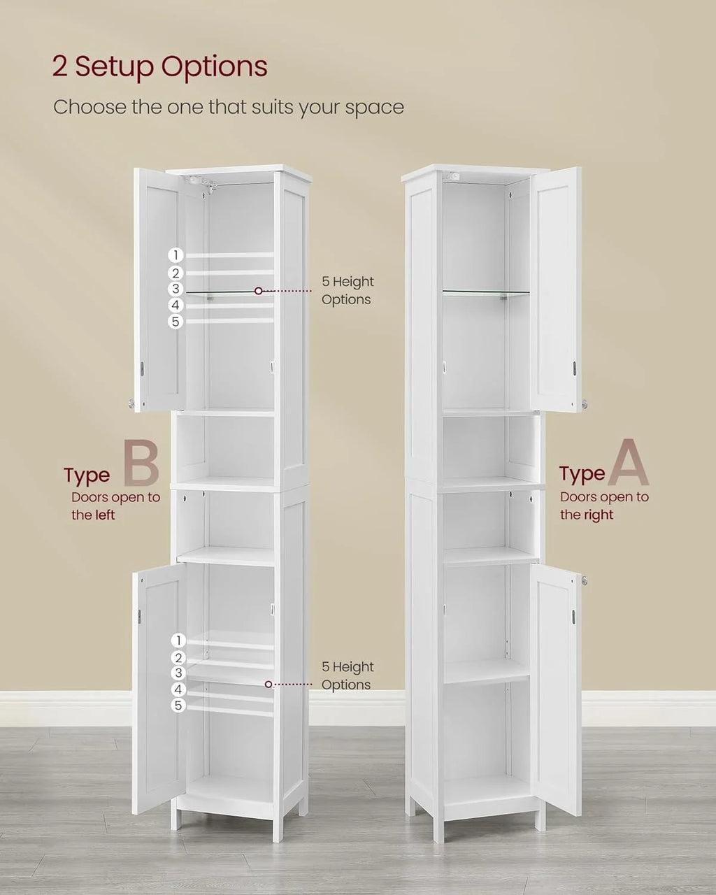 Cloud White Tall Bathroom Storage Cabinet with Adjustable Shelves V6599