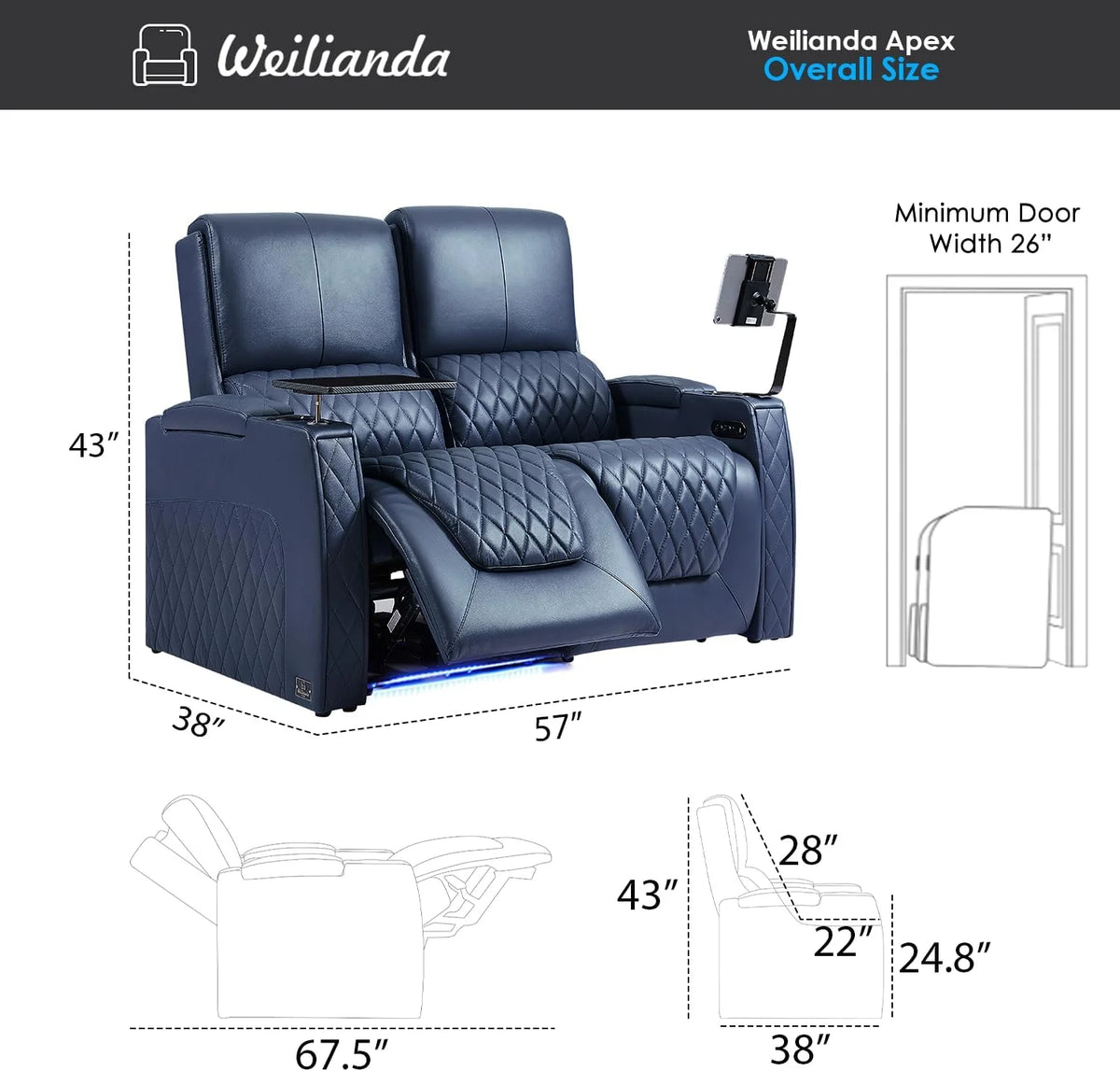 Navy Blue Top Grain Leather Power Recliner Sofa M18386