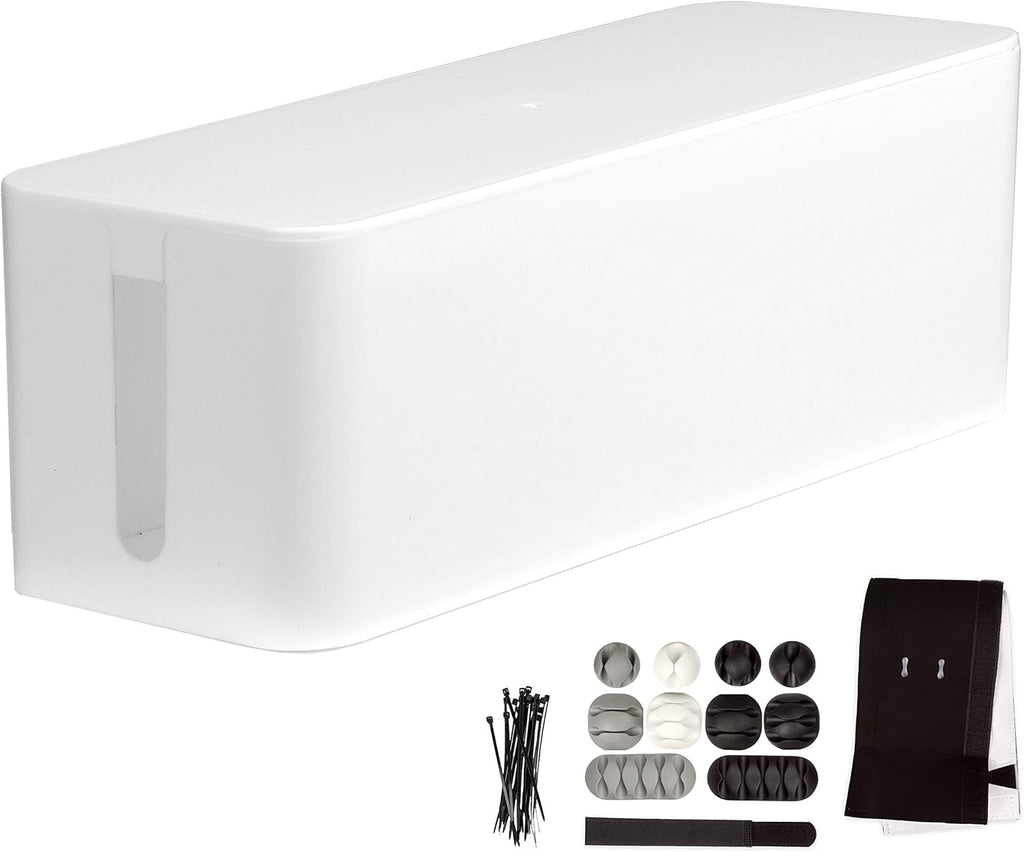 Cable Management Box with Dark Wood Top and White Cord Organizer U814